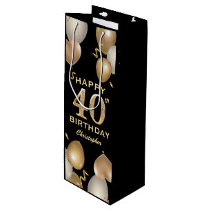 40th Birthday Party Black and Gold Balloons Wine Gift Bag