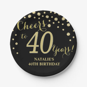 40th Birthday Party Black and Gold Diamond Paper Plate