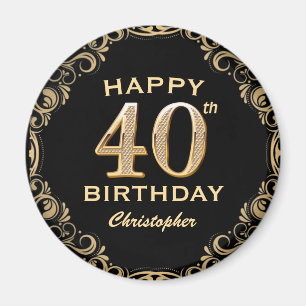 40th Birthday Party Black and Gold Glitter Frame Magnet