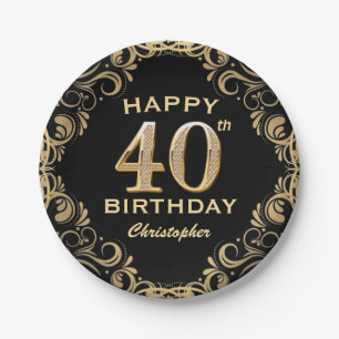 40th Birthday Party Black and Gold Glitter Frame Paper Plate