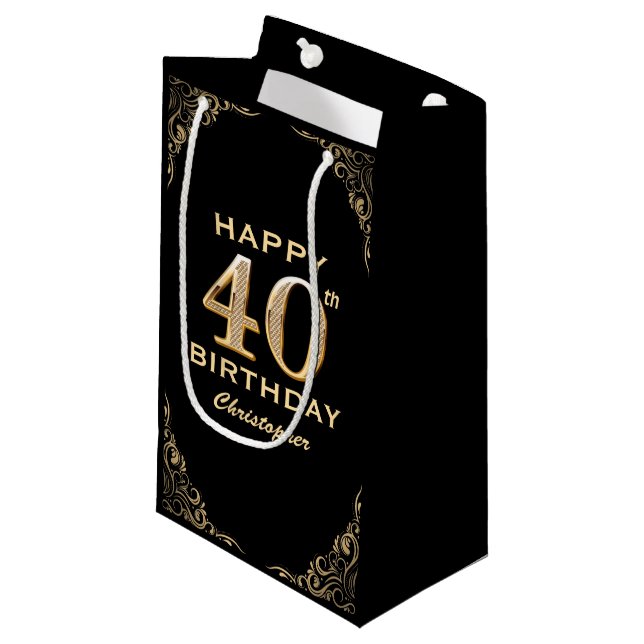 40th Birthday Party Black and Gold Glitter Frame Small Gift Bag (Front Angled)