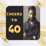 40th birthday party black gold cheers to 40 guy square sticker<br><div class="desc">A trendy 40th birthday party sticker. With the text: Cheers to 40 on front written with faux gold balloon letters. Black background. Template for your photo.</div>