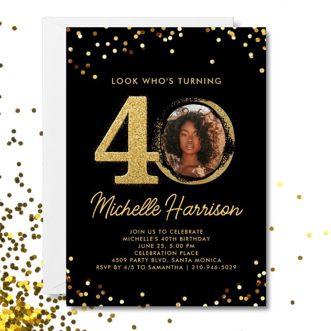 40th Birthday Party Black Gold Confetti Photo  Invitation (Creator Uploaded)