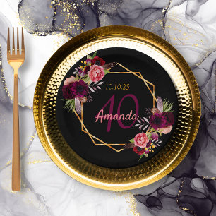 40th birthday party black gold geo floral burgundy paper plate