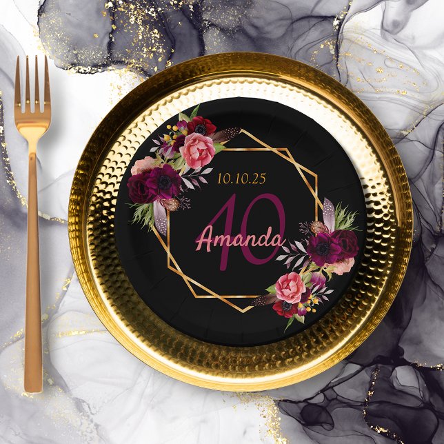 40th birthday party black gold geo floral burgundy paper plate (Creator Uploaded)