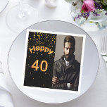 40th birthday party black gold photo napkin<br><div class="desc">A napkin for guys 40th birthday party. Template for your photo.  Black background colour and the text: Happy 40.  The text is written with a trendy faux gold balloon script. The world happy with curved letters. Golden confetti as decor.</div>
