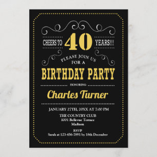 40th Birthday Party - Black Gold White Invitation
