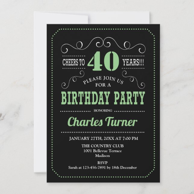 40th Birthday Party - Black Green Invitation (Front)