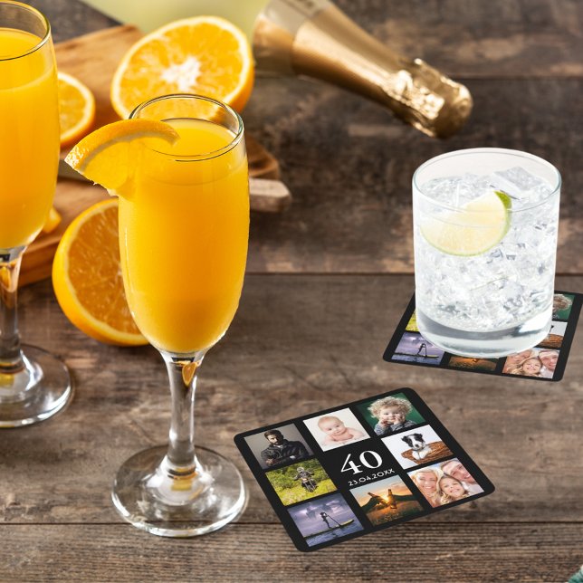 40th birthday party black photo collage men square paper coaster (Creator Uploaded)