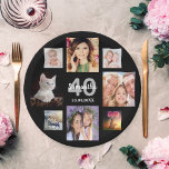 40th birthday party black photo collage woman paper plate<br><div class="desc">A paper plate for a 40th birthday party for a young woman celebrating her life with a collage of 8 of your own photos.  Templates the age 40 and a date.  Date of birth or the date of the party.  White and grey coloured letters.  Black background.</div>