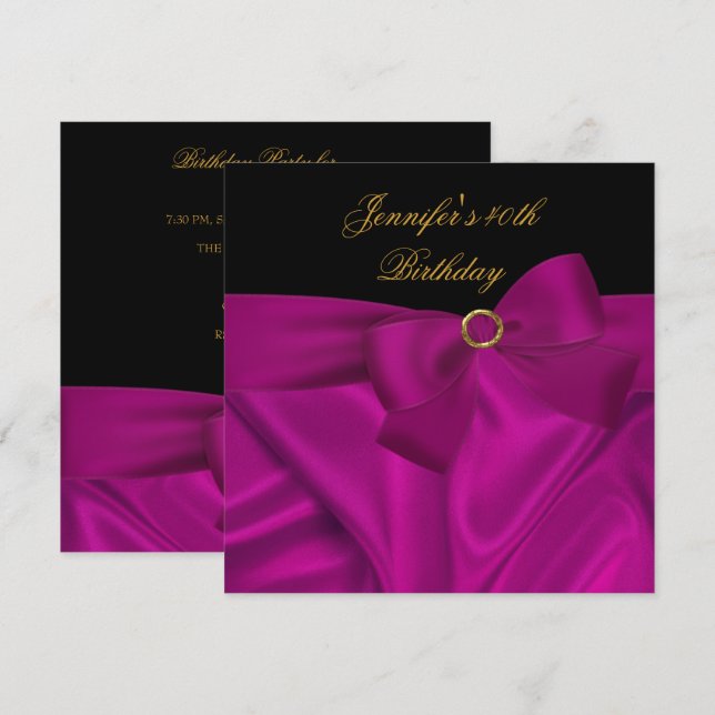 40th Birthday Party Black Plum Pink Bow Invitation (Front/Back)