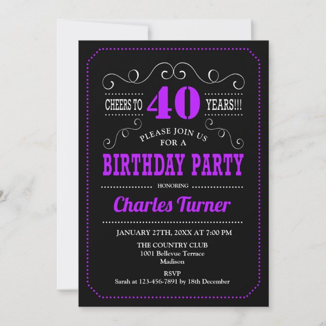 40th Birthday Party - Black Purple Invitation (Front)