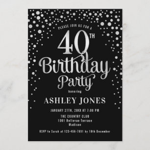 40th Birthday Party - Black & Silver Invitation