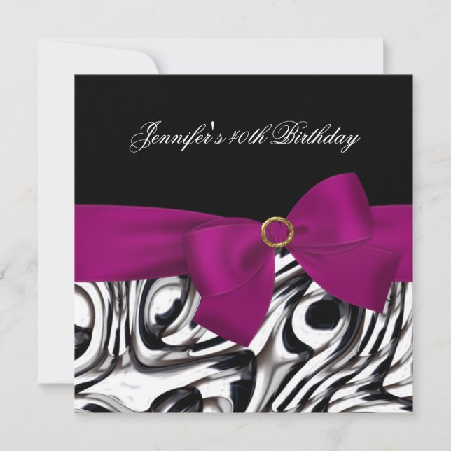40th Birthday Party Black White Abstract Pink Bow Invitation (Front)