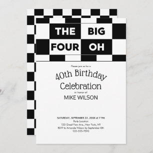40th Birthday Party Black White Chequered Pattern Invitation
