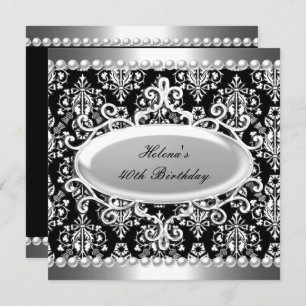 40th Birthday Party Black White Damask Pearl Invitation