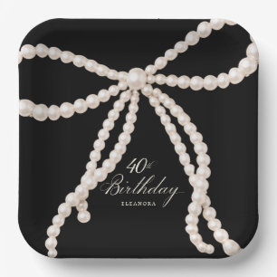 40th Birthday Party Black White Pearl Bow Elegant Paper Plate