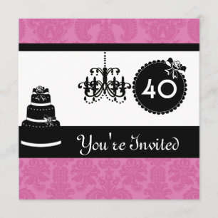 40th Birthday Party Black & White & PINK Damask In Invitation