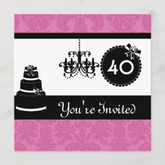 40th Birthday Party Black & White & PINK Damask In Invitation
