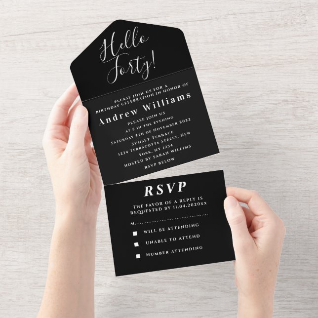 40th Birthday Party Black White Simple Modern All In One Invitation (Tearaway)