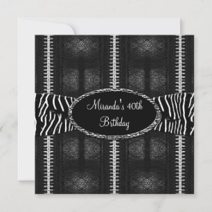 40th Birthday Party Black White Zebra Zipper Invitation