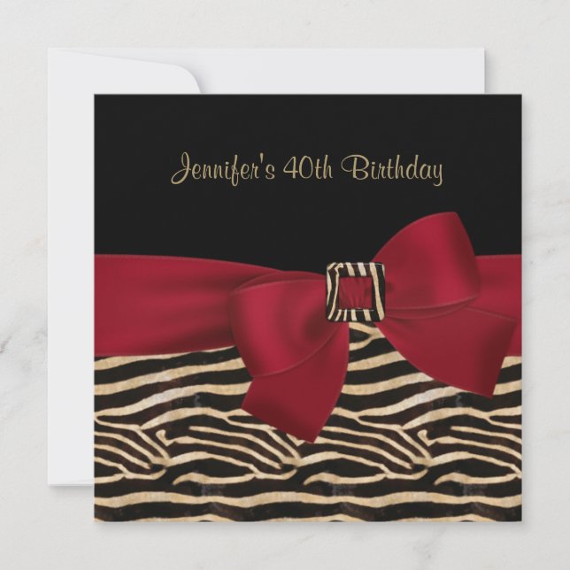 40th Birthday Party Black Zebra Stripe Red Bow Invitation (Front)