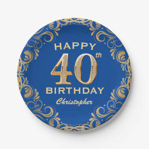 40th Birthday Party Blue and Gold Glitter Frame Paper Plate