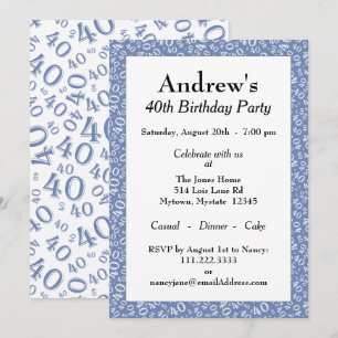 40th Birthday Party - Blue/White Number Pattern Invitation