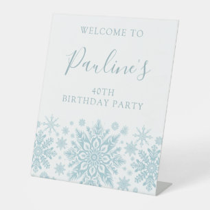 40th Birthday Party Blue White Snowflake Welcome  Pedestal Sign