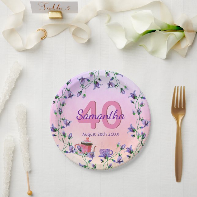 40th birthday party bluebells flowers tea party paper plate (Wedding)