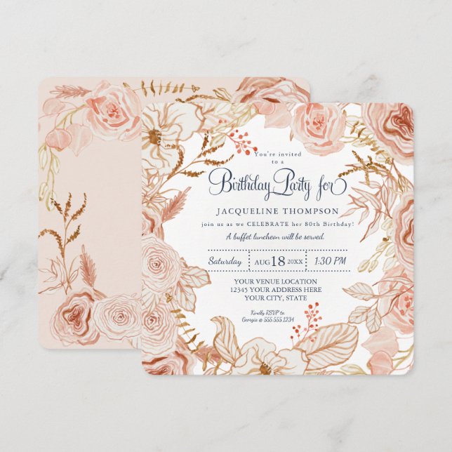 40th Birthday Party Blush Pink Watercolor Floral Invitation (Front/Back)