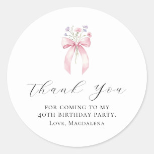 40th Birthday Party Bow Custom Thank You Favour Classic Round Sticker
