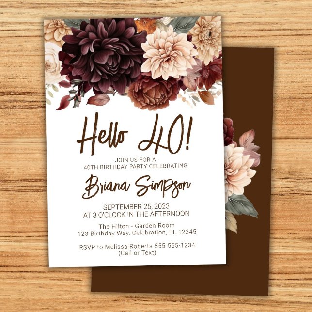 40th Birthday Party Brown Beige Flowers Invitation (Creator Uploaded)