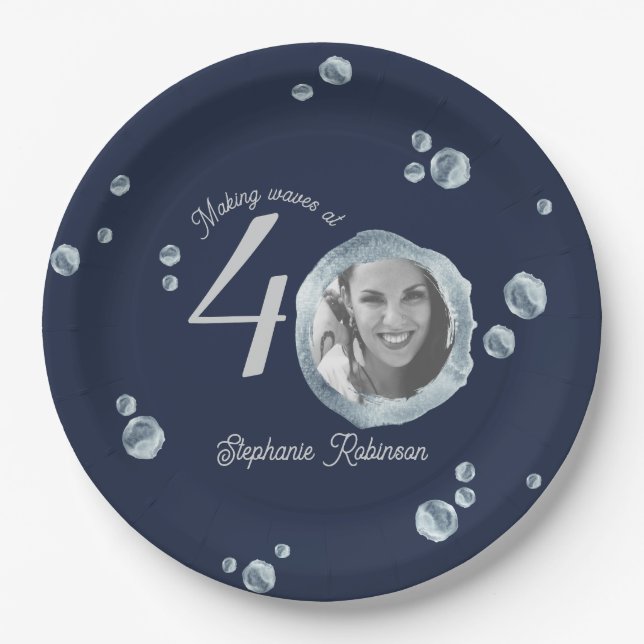 40th Birthday Party Bubble Twilight Blue Paper Plate (Front)