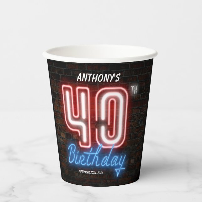 40th Birthday Party Cool Glowing Neon Sign Custom Paper Cups (Front)