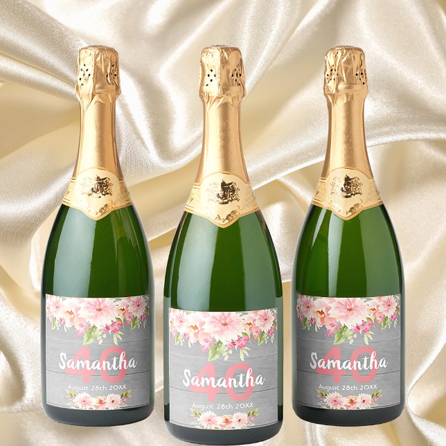 40th birthday party coral dahlia flowers grey sparkling wine label (Creator Uploaded)