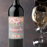 40th birthday party coral dahlia flowers grey wine label<br><div class="desc">A rustic style label for 40th birthday party. With contemporary pink, peach and coral coloured watercolored dahlia flowers. A rustic grey painted wooden wall as background. Templates for a name, age and a date. Date of birth or the date of the party. The name is written with white coloured hand...</div>