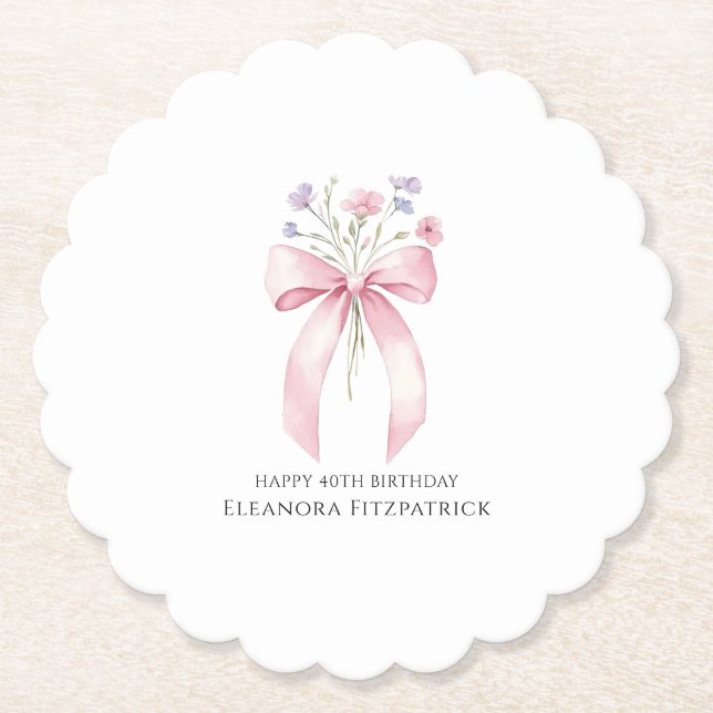 40th Birthday Party Custom Coaster Bow Wildflower (Front)
