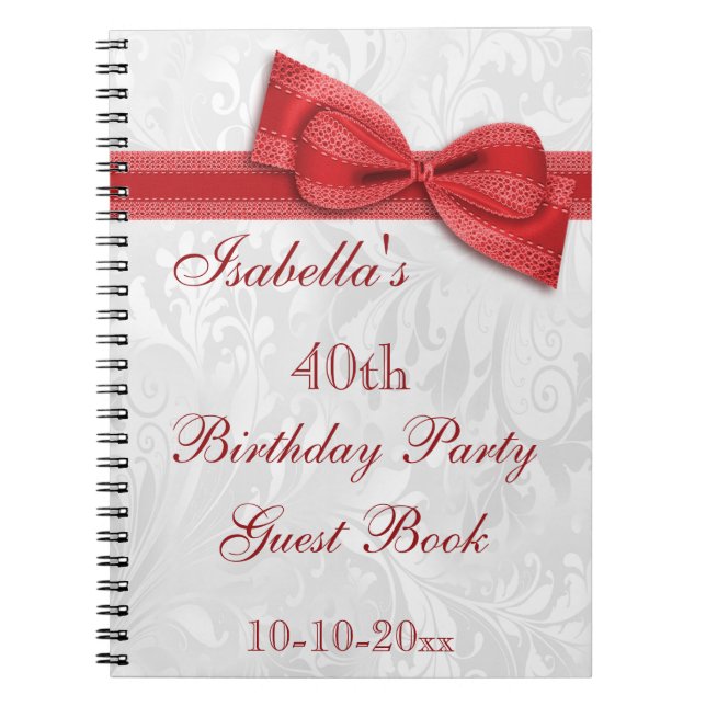 40th Birthday Party Damask and Bow Spiral Notebook (Front)