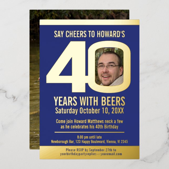 40th Birthday party dark blue gold foil photo beer (Front/Back)