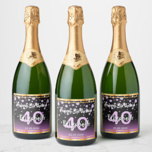 40th birthday party diamonds glitter purple black sparkling wine label
