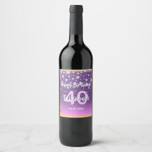 40th birthday party diamonds glitter purple pink wine label