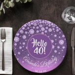 40th birthday party diamonds purple pink glitter paper plate<br><div class="desc">An elegant and glamourous paper plate for a 40th birthday party for a girl. A chic purple and pink ombre faux glitter coloured background.  A purple coloured circle with modern hand lettered style text: Hello 40!  Faux pink diamonds as decoration.  Template for a name and a date,  curved text.</div>
