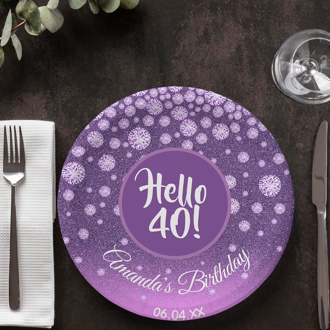 40th birthday party diamonds purple pink glitter paper plate (Creator Uploaded)