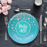 40th birthday party diamonds teal blue glitter paper plate<br><div class="desc">An elegant and glamourous paper plate for a 40th birthday party for a girl. A chic teal, green and light blue ombre faux glitter coloured background. A teal coloured circle with modern hand lettered style text: Hello 40! Faux diamonds as decoration. Template for a name and a date, curved text....</div>