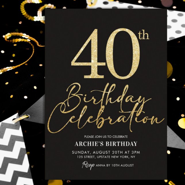 40th Birthday Party Elegant Black & Gold Glitter Invitation (40th Gold Glitter Birthday Invitation)
