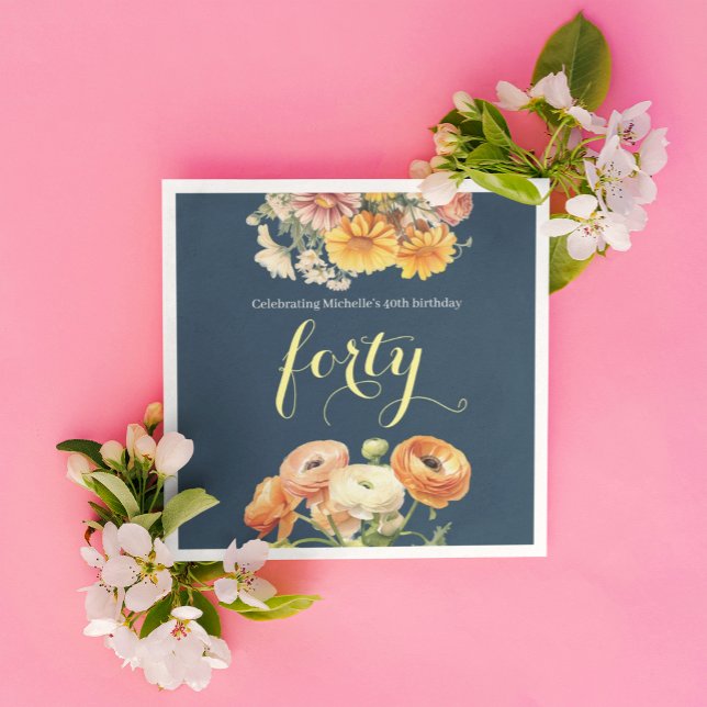 40th Birthday Party Elegant Cheerful Floral Napkin (Creator Uploaded)