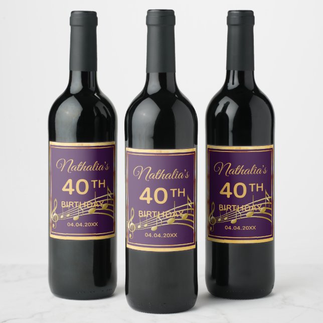 40th birthday party elegant purple and gold music wine label (Bottles)