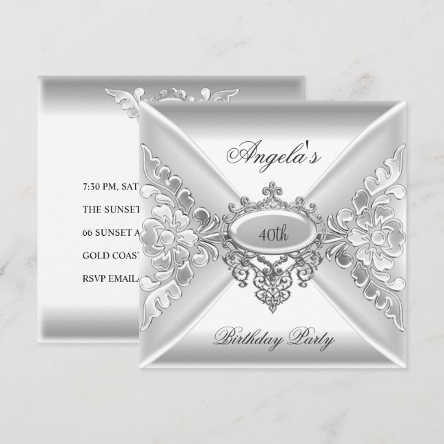 40th Birthday Party Elegant Silver White Jewel Invitation (Front/Back)