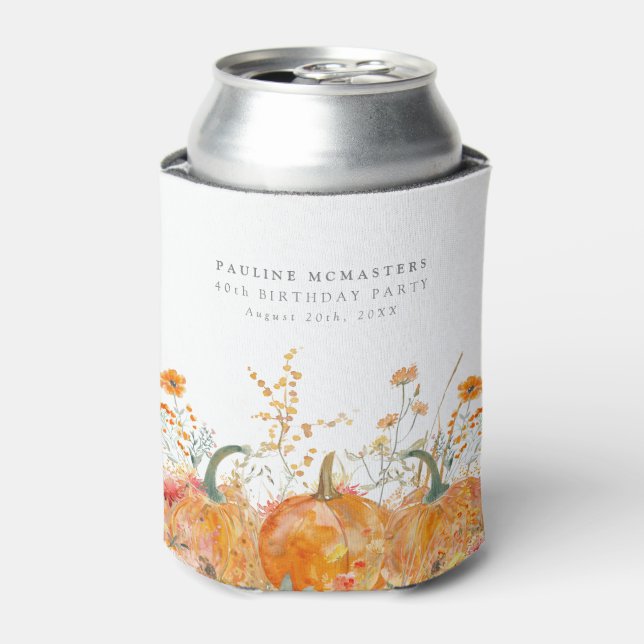 40th Birthday Party Fall Pumpkin Wildflower Custom Can Cooler (Can Front)